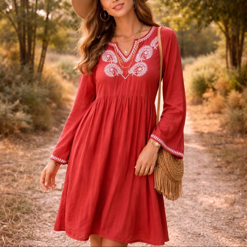 Earthbound Embroidered Terracotta Red Tunic Dress | Boho Folk Midi | Size XL